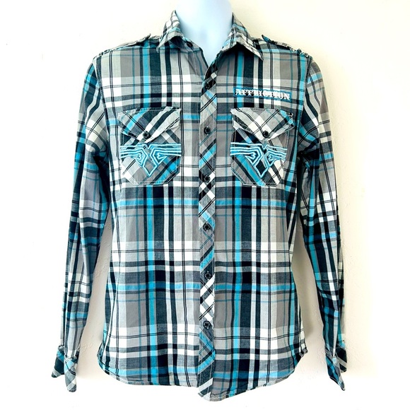 AFFLICTION VTG Y2K Mens Blue Plaid Embroidered Long Sleeve Slim Fit Shirt Size M - Picture 1 of 13